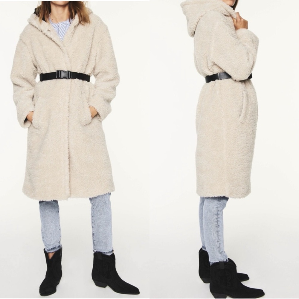 ba&sh Cream Teddy Hooded Coat with Black Waist Belt